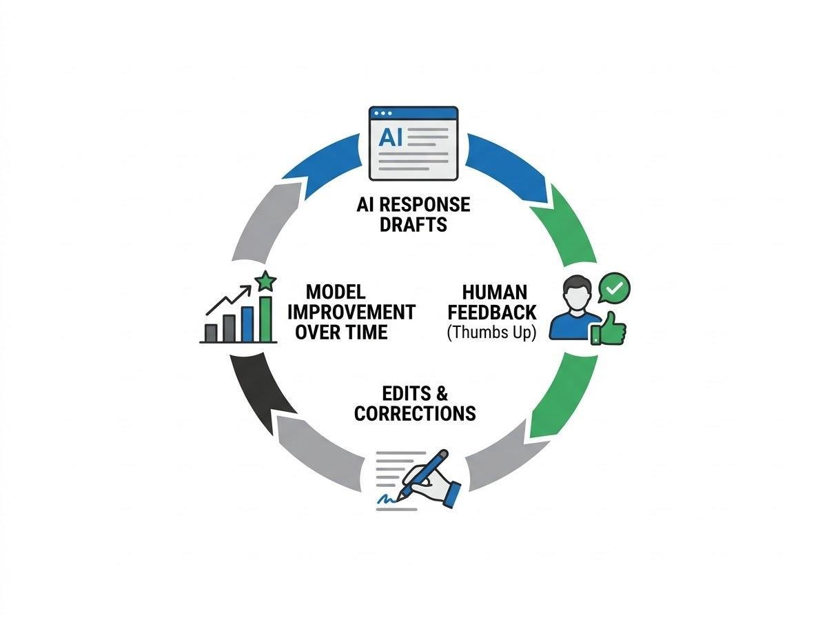 Feedback loop from AI draft through human feedback and correction