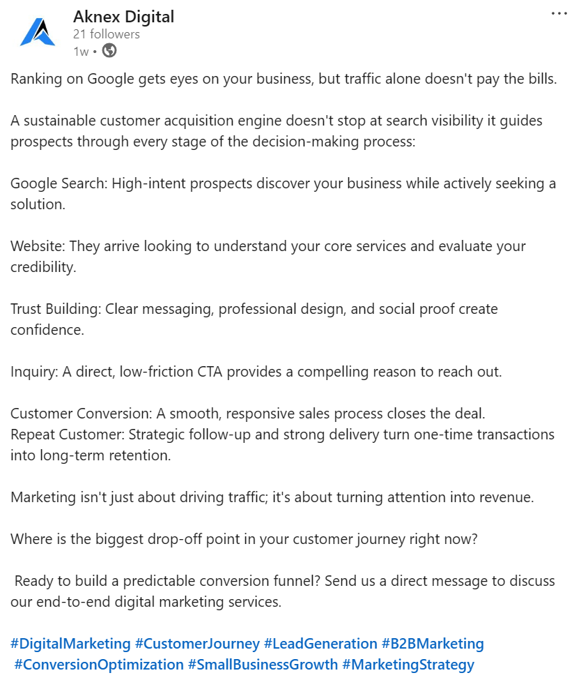 Example long-form marketing caption and topic-specific hashtags